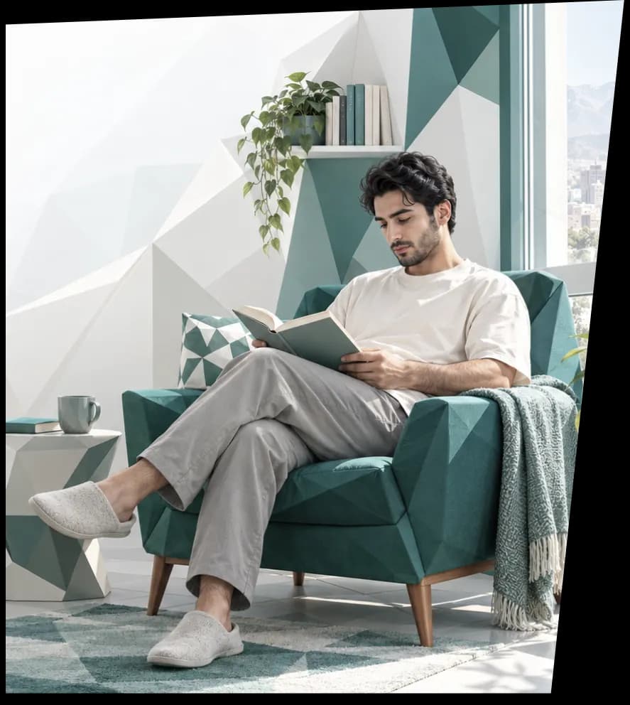 مردی روی مبلی چندضلعی و سبز، در حالِ کتاب خواندن کنار پنجره